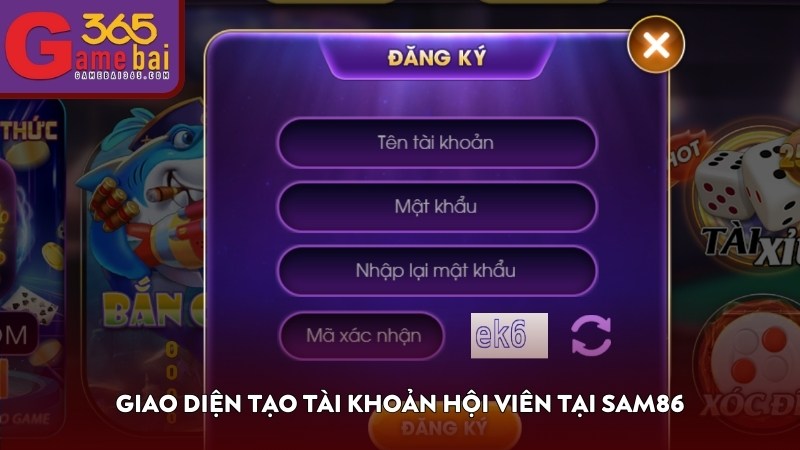 Giao diện tạo tài khoản hội viên tại SAM86